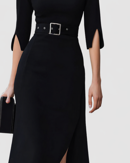 Hadley | Women's Belted Mock Neck Mid-Length Dress with Split Sleeves