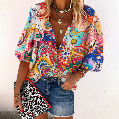 Alyssa | Women's Boho Print Blouse V-Neck Long Sleeve Button Down