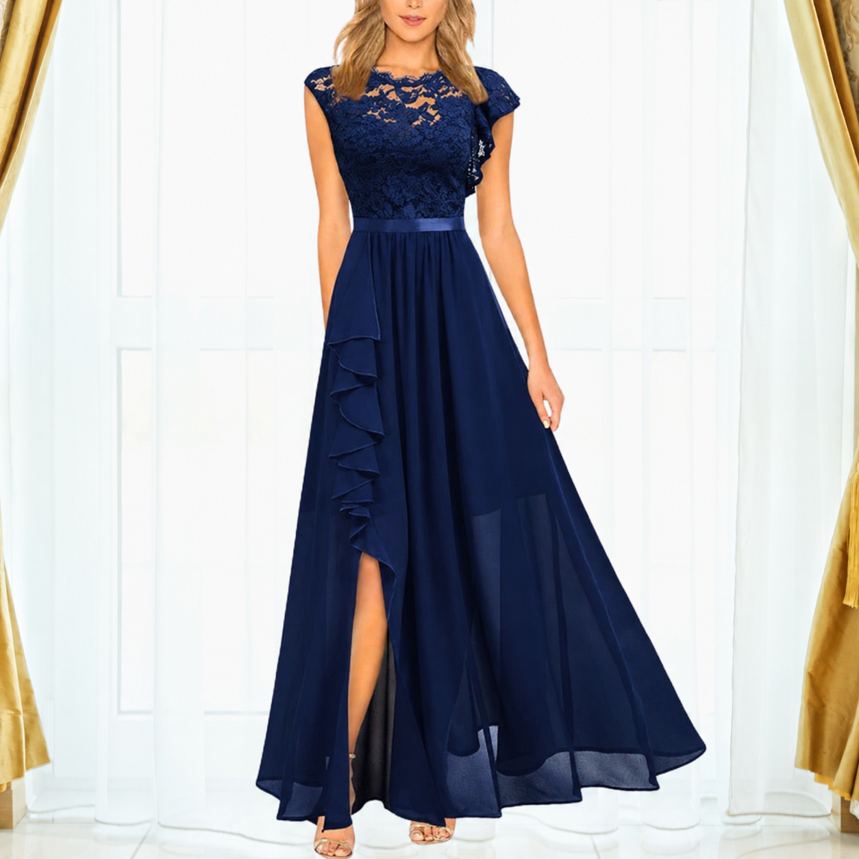 Trinity | Women's Lace Chiffon Maxi Dress Ruffle Split Occasion