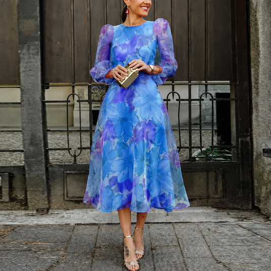 Sierra | Women's Floral Chiffon Mid-Length Dress Full Sleeve Wedding Guest