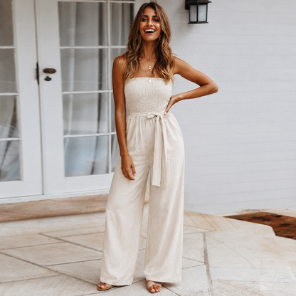 Cecilia | Women's Strapless Tie Waist Wide Leg Jumpsuit
