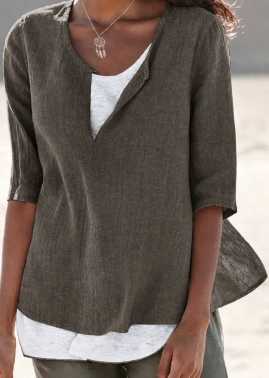 Camille | Women's 3/4 Sleeve Blouse Split Neck Relaxed Top