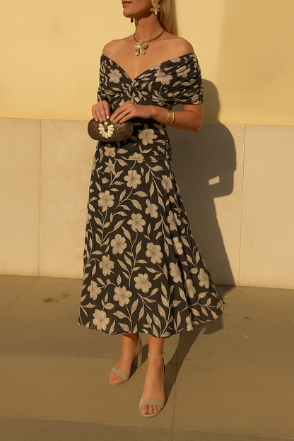 Grace | Off-Shoulder Mid-Length Dress with Floral Print