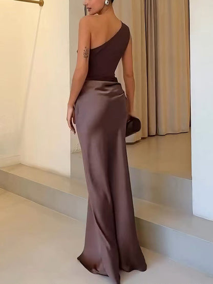 Rylee | Refined One Shoulder Neck Pleated Party Maxi Dress