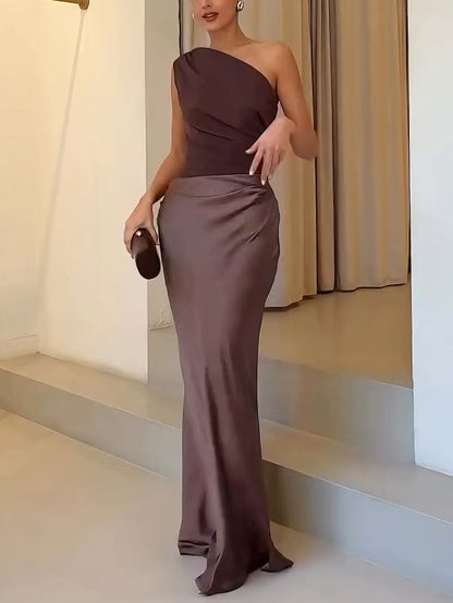 Rylee | Refined One Shoulder Neck Pleated Party Maxi Dress