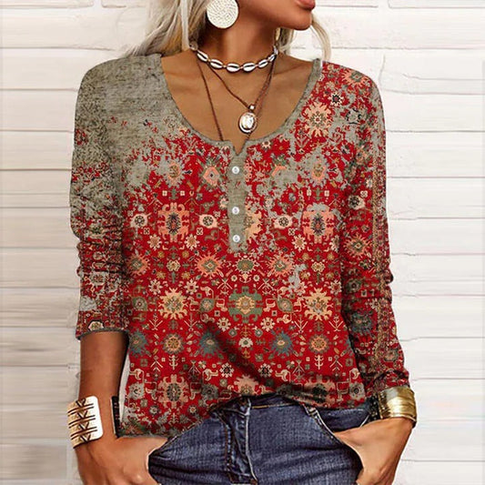 Alyssa | Women's Boho Print Long Sleeve Top V-Neck Henley Blouse