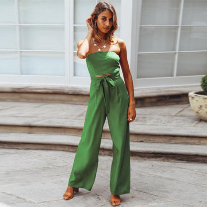 Cecilia | Women's Strapless Tie Waist Wide Leg Jumpsuit