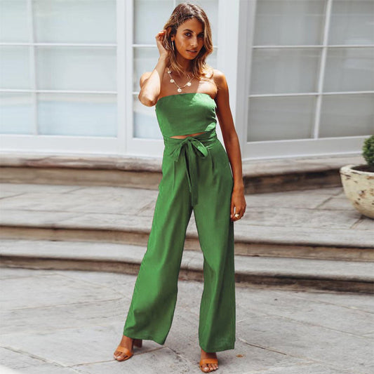 Cecilia | Women's Strapless Tie Waist Wide Leg Jumpsuit