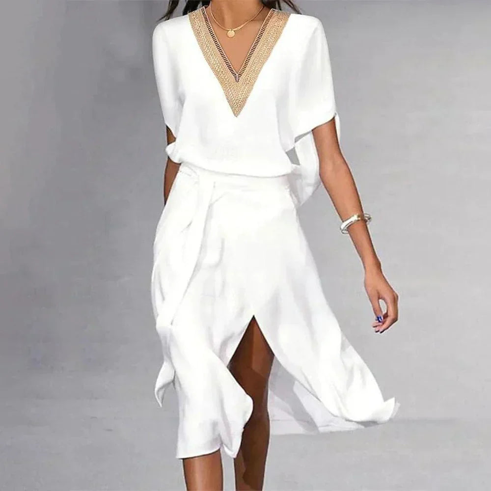 Valentina | Women's White Mid-Length Dress V-Neck Gold Trim Short-Sleeved