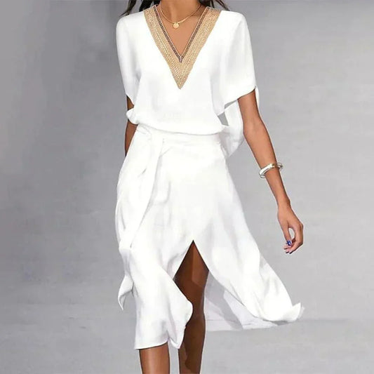 Valentina | Women's White Mid-Length Dress V-Neck Gold Trim Short-Sleeved