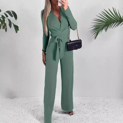 Daniela | Women's Wide Leg Jumpsuit V-Neck Tie Waist