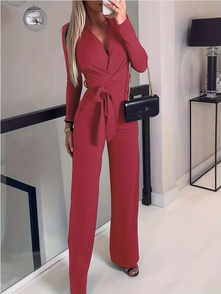 Daniela | Women's Wide Leg Jumpsuit V-Neck Tie Waist