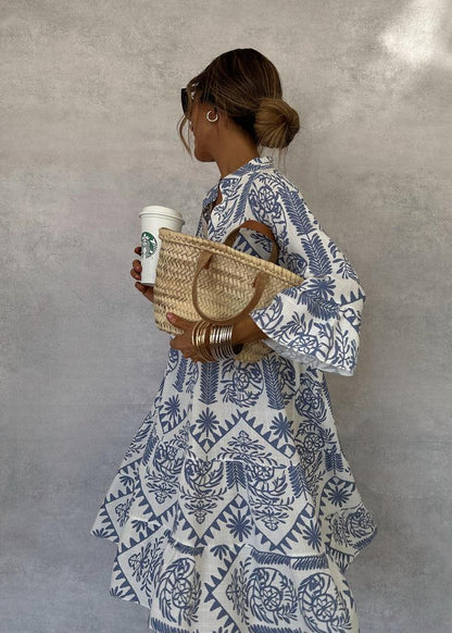 Rebecca | Women's Bohemian Print V-Neck Three-Quarter Sleeve Swing Dress
