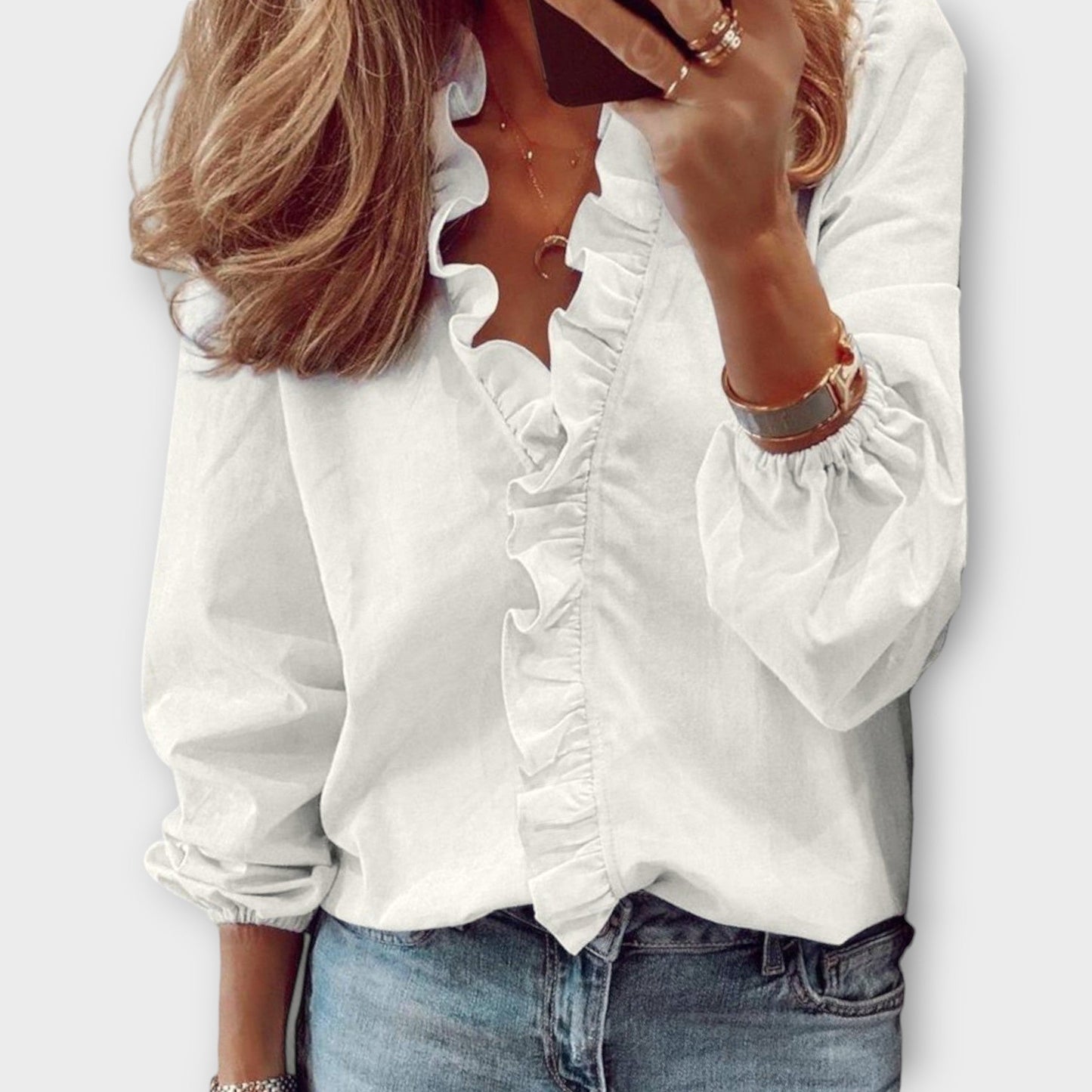 Alicia | Women's Ruffle Front V-Neck Long Sleeve Blouse