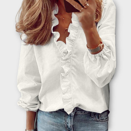 Alicia | Women's Ruffle Front V-Neck Long Sleeve Blouse