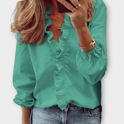 Alicia | Women's Ruffle Front V-Neck Long Sleeve Blouse