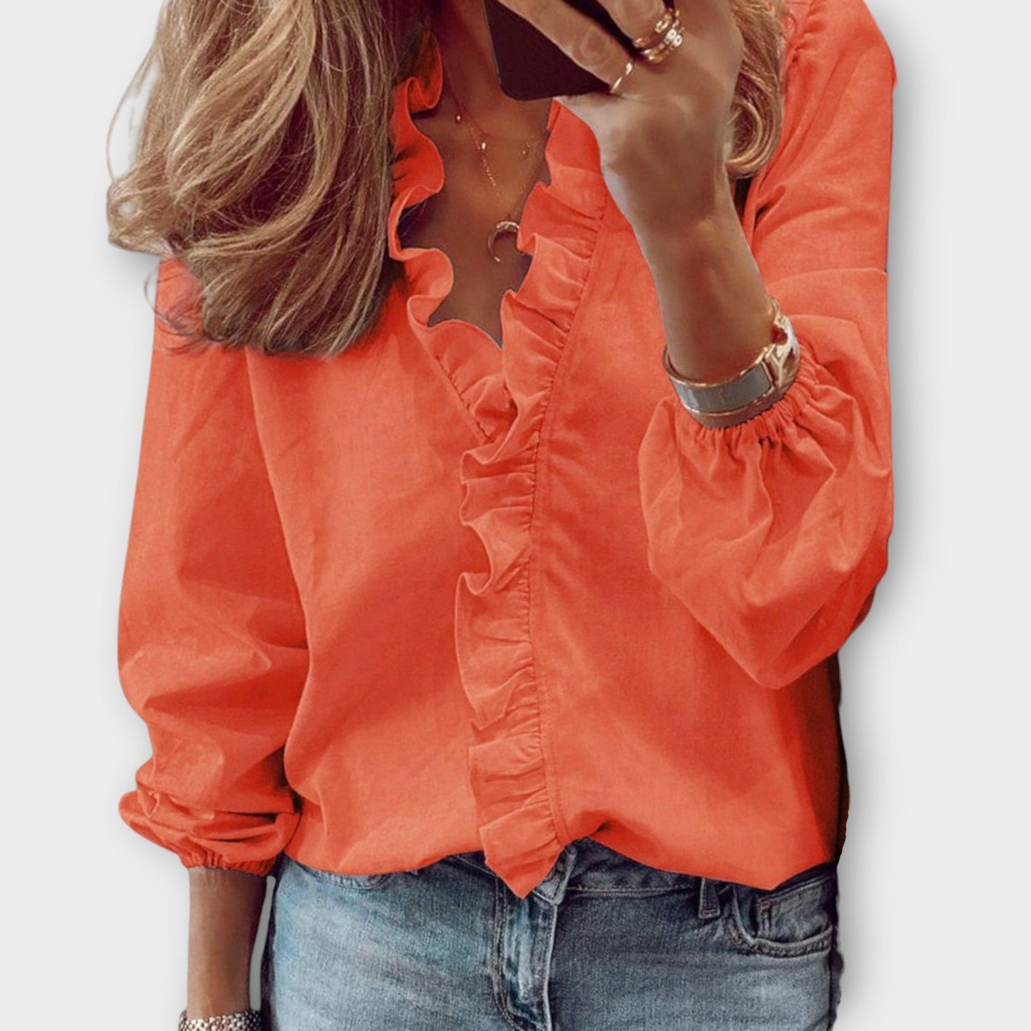 Alicia | Women's Ruffle Front V-Neck Long Sleeve Blouse