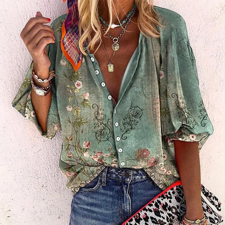 Alyssa | Women's Boho Print Blouse V-Neck Long Sleeve Button Down