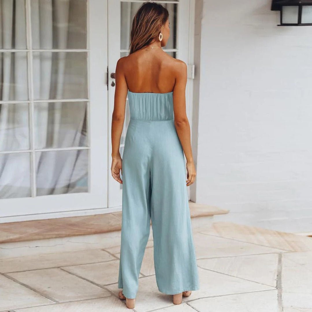 Cecilia | Women's Strapless Tie Waist Wide Leg Jumpsuit