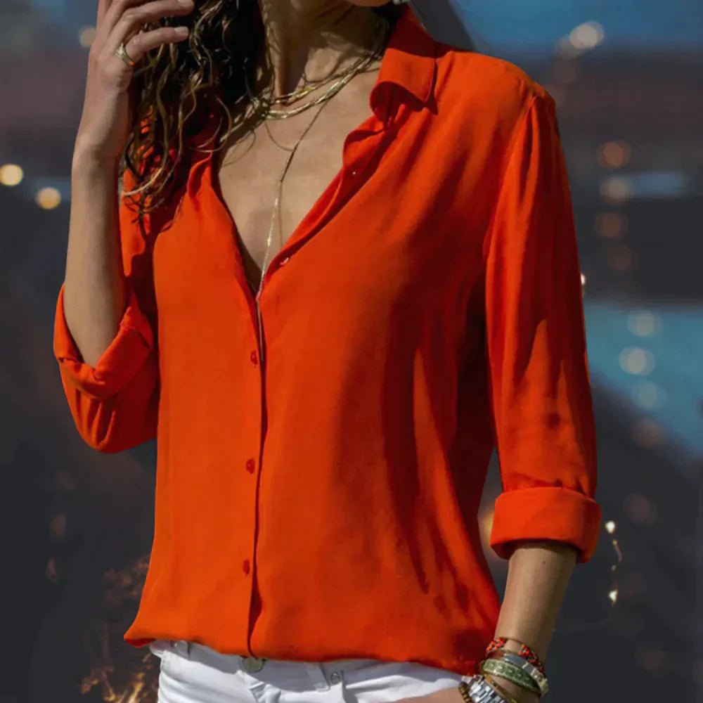 Carmen | Women's Satin Button Down Shirt Long Sleeve Blouse