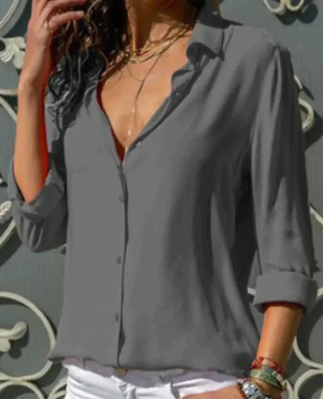 Carmen | Women's Satin Button Down Shirt Long Sleeve Blouse