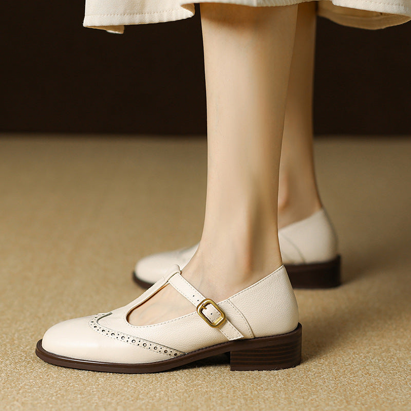 Selena | Women's Leather T-Strap Mary Jane Shoes Low Block Heel