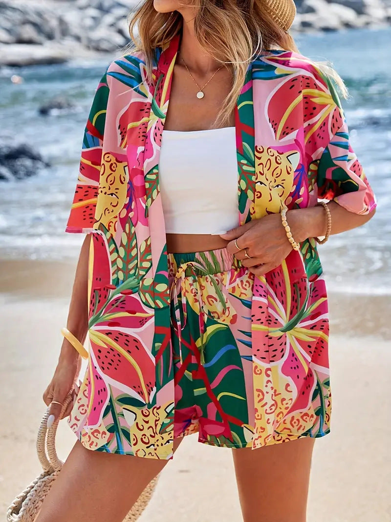 Emma | Women's Botanical Kimono Cardigan and Shorts Two Piece Set