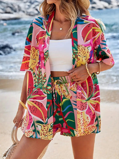 Emma | Women's Botanical Kimono Cardigan and Shorts Two Piece Set