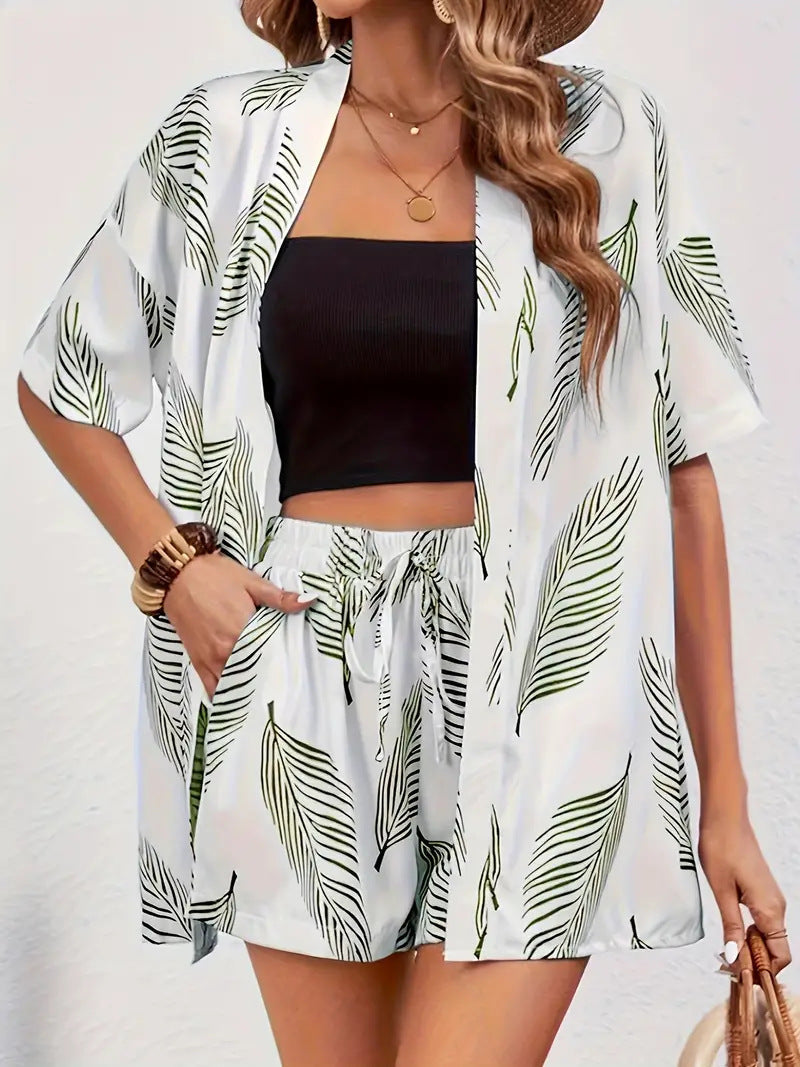 Emma | Women's Botanical Kimono Cardigan and Shorts Two Piece Set