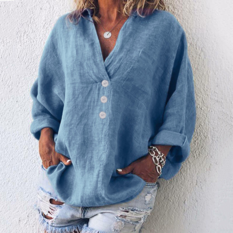 Lorraine | Women's V-Neck Oversized Top Long Sleeve Button
