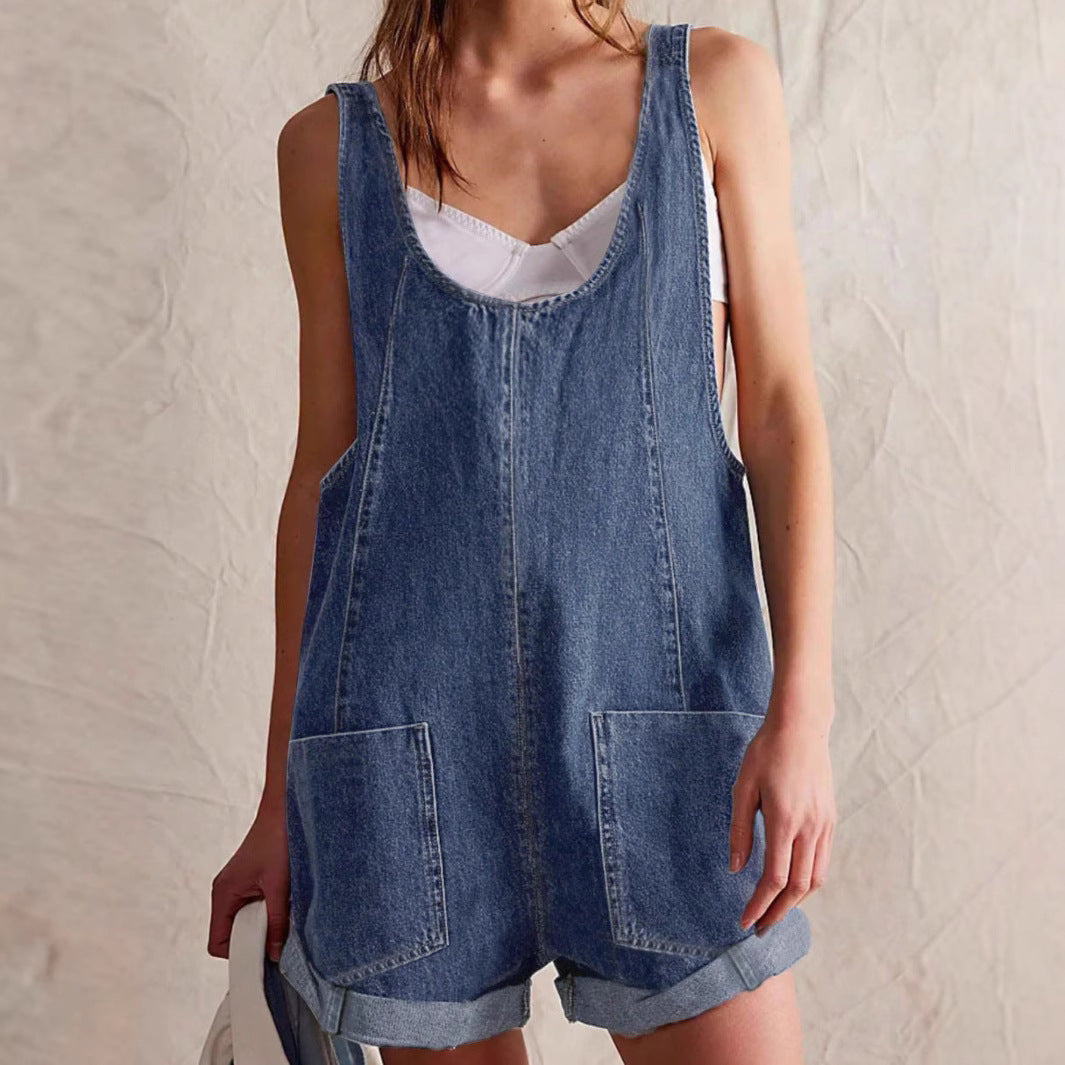 Natalie | Women's No-Sleeve Denim Romper with Pockets