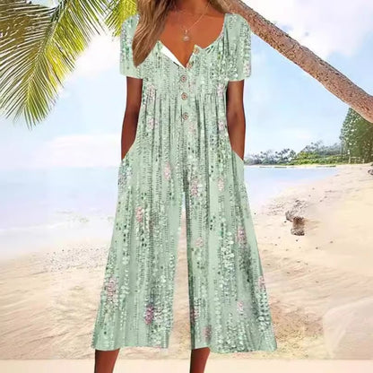 Rachel | Women's Leaf Print V-Neck Short-Sleeved Wide-Leg Jumpsuit