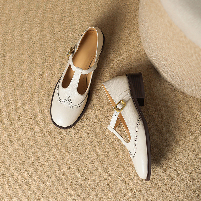 Selena | Women's Leather T-Strap Mary Jane Shoes Low Block Heel