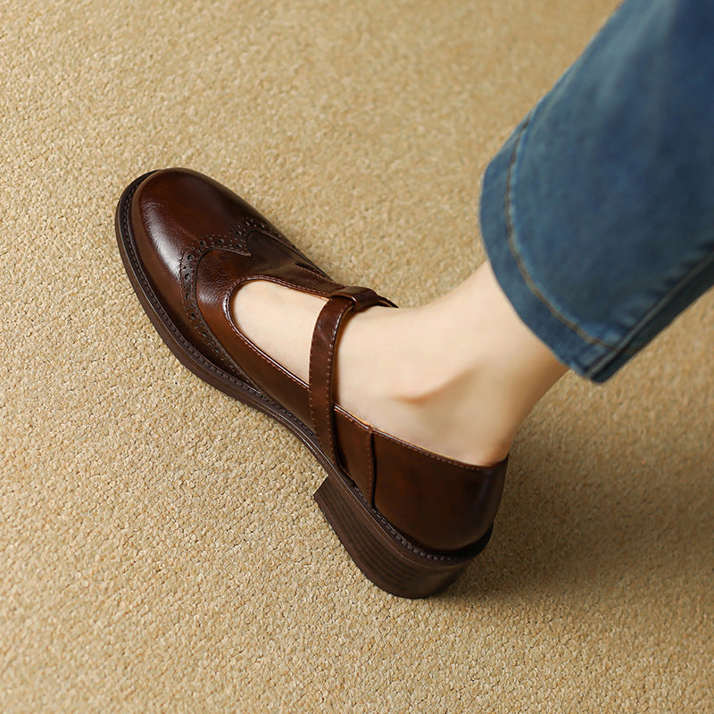 Selena | Women's Leather T-Strap Mary Jane Shoes Low Block Heel