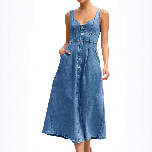 Addison | Classic No-Sleeve Button-Front Denim Dress