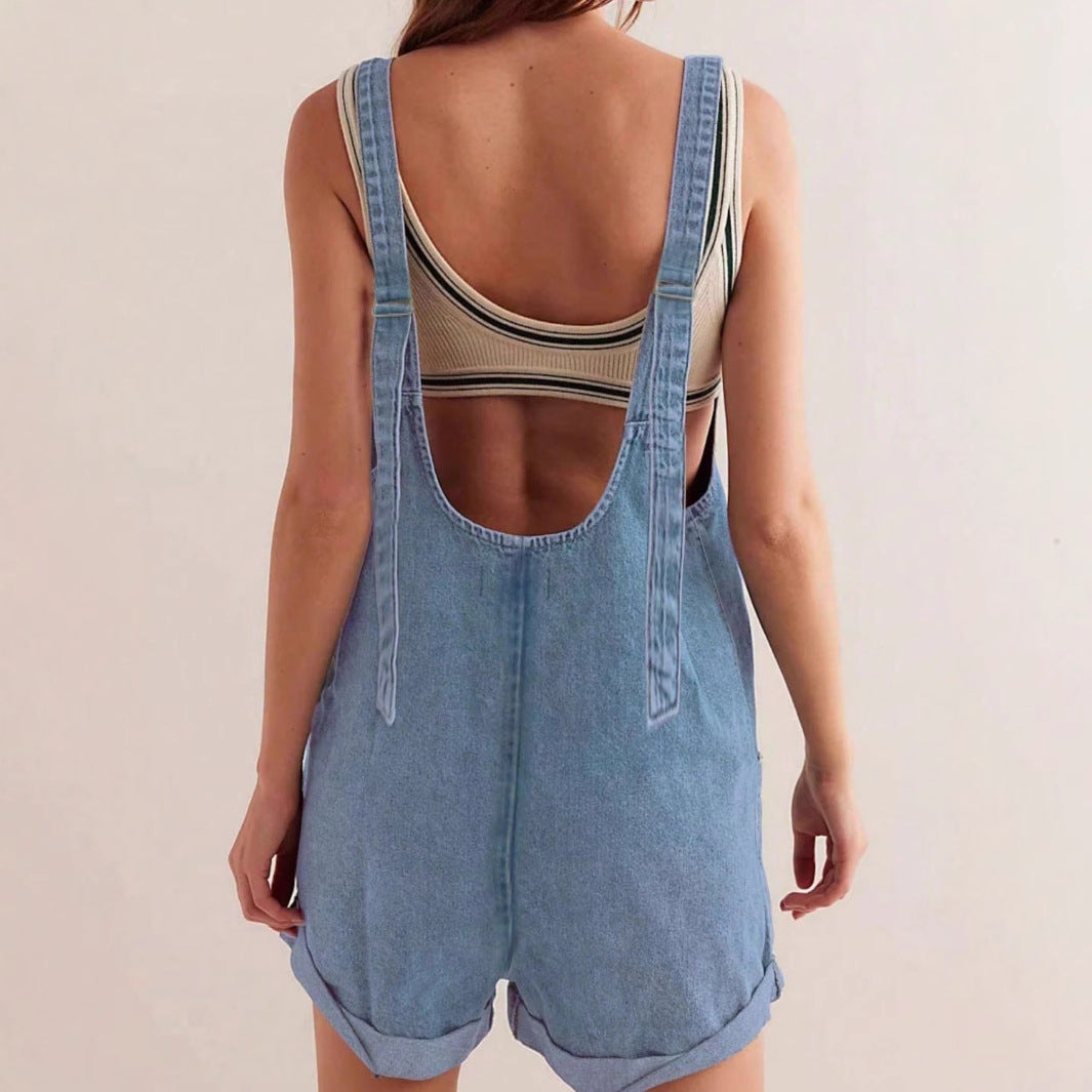 Natalie | Women's No-Sleeve Denim Romper with Pockets