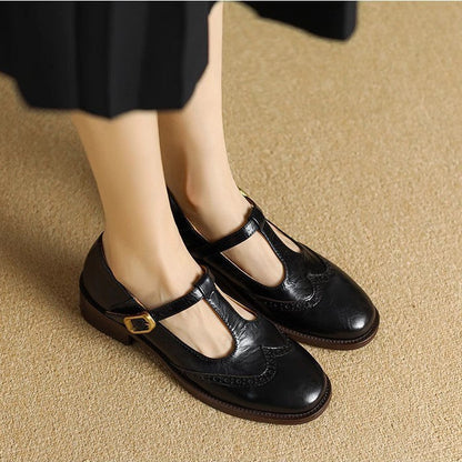 Selena | Women's Leather T-Strap Mary Jane Shoes Low Block Heel