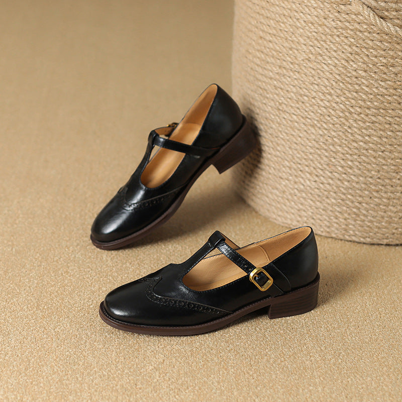 Selena | Women's Leather T-Strap Mary Jane Shoes Low Block Heel