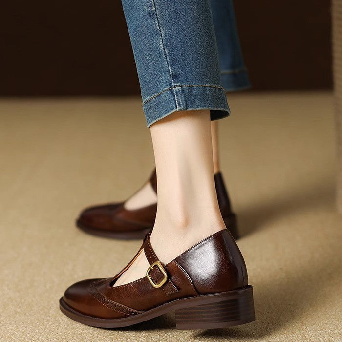 Selena | Women's Leather T-Strap Mary Jane Shoes Low Block Heel