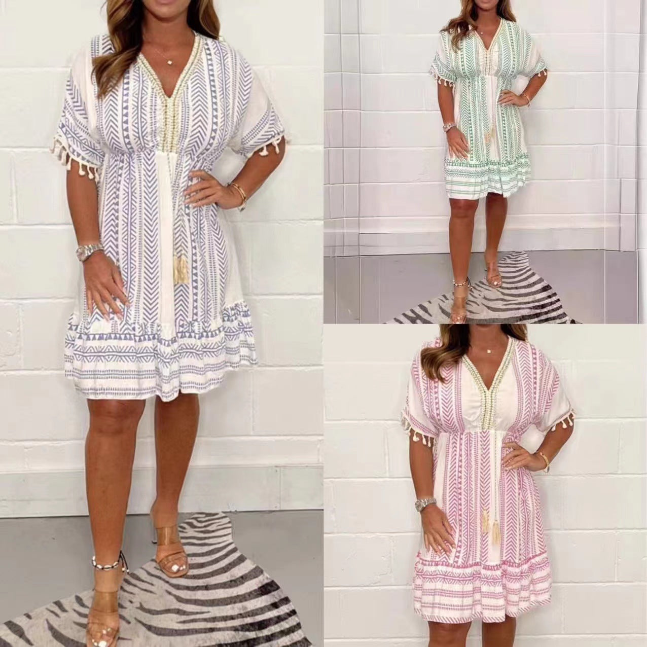 Layla | Women's Bohemian Print Short Dress V-Neck Tassel Summer