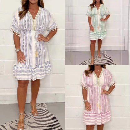 Layla | Women's Bohemian Print Short Dress V-Neck Tassel Summer