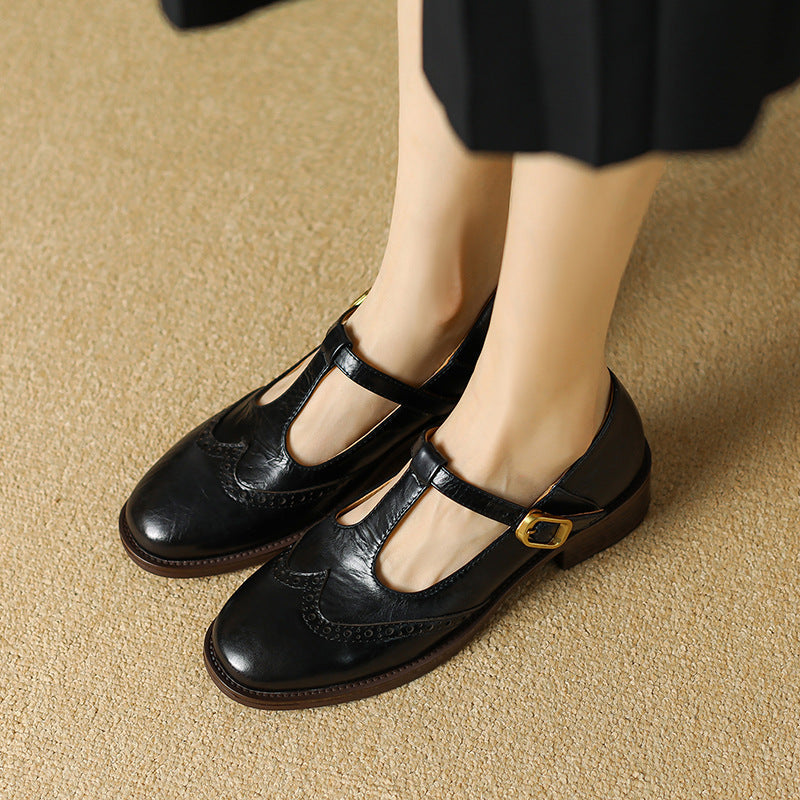 Selena | Women's Leather T-Strap Mary Jane Shoes Low Block Heel