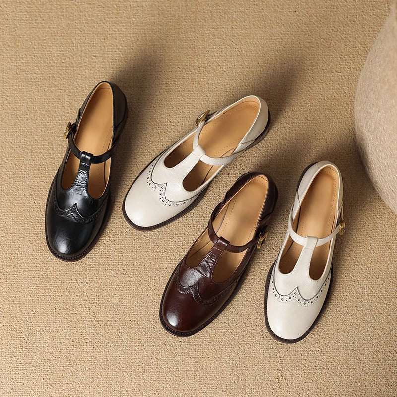 Selena | Women's Leather T-Strap Mary Jane Shoes Low Block Heel