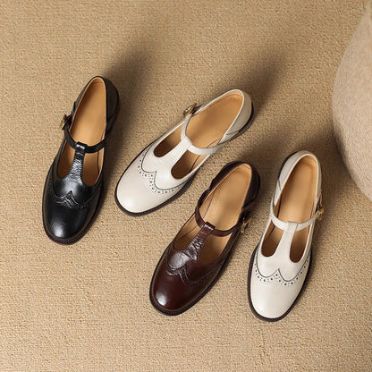 Selena | Women's Leather T-Strap Mary Jane Shoes Low Block Heel
