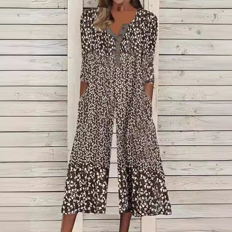 Rachel | Women's Leaf Print V-Neck Short-Sleeved Wide-Leg Jumpsuit