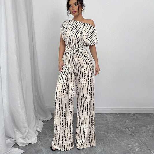 Paige | Women's Printed Wide-Leg Jumpsuit One Shoulder Belted