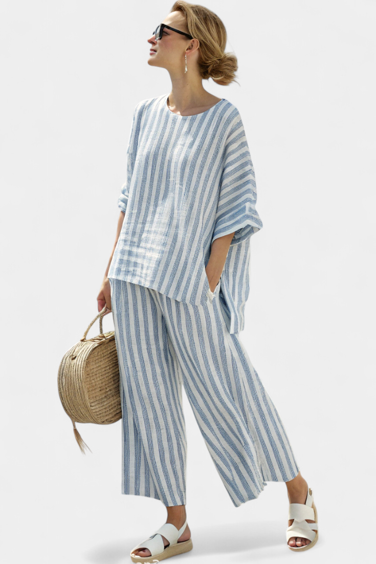 Brenda | Women's Striped Relaxed Top & Wide Leg Pants Set