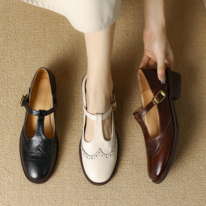 Selena | Women's Leather T-Strap Mary Jane Shoes Low Block Heel