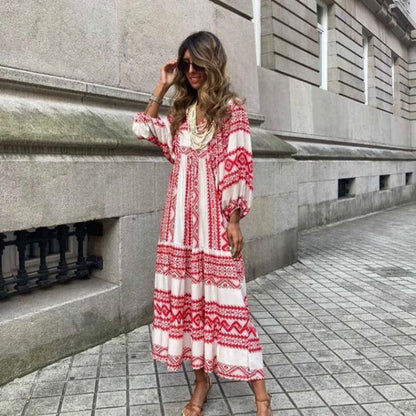 Lindsay | Women's Puff Sleeve V-Neck Bohemian Printed Maxi Dress