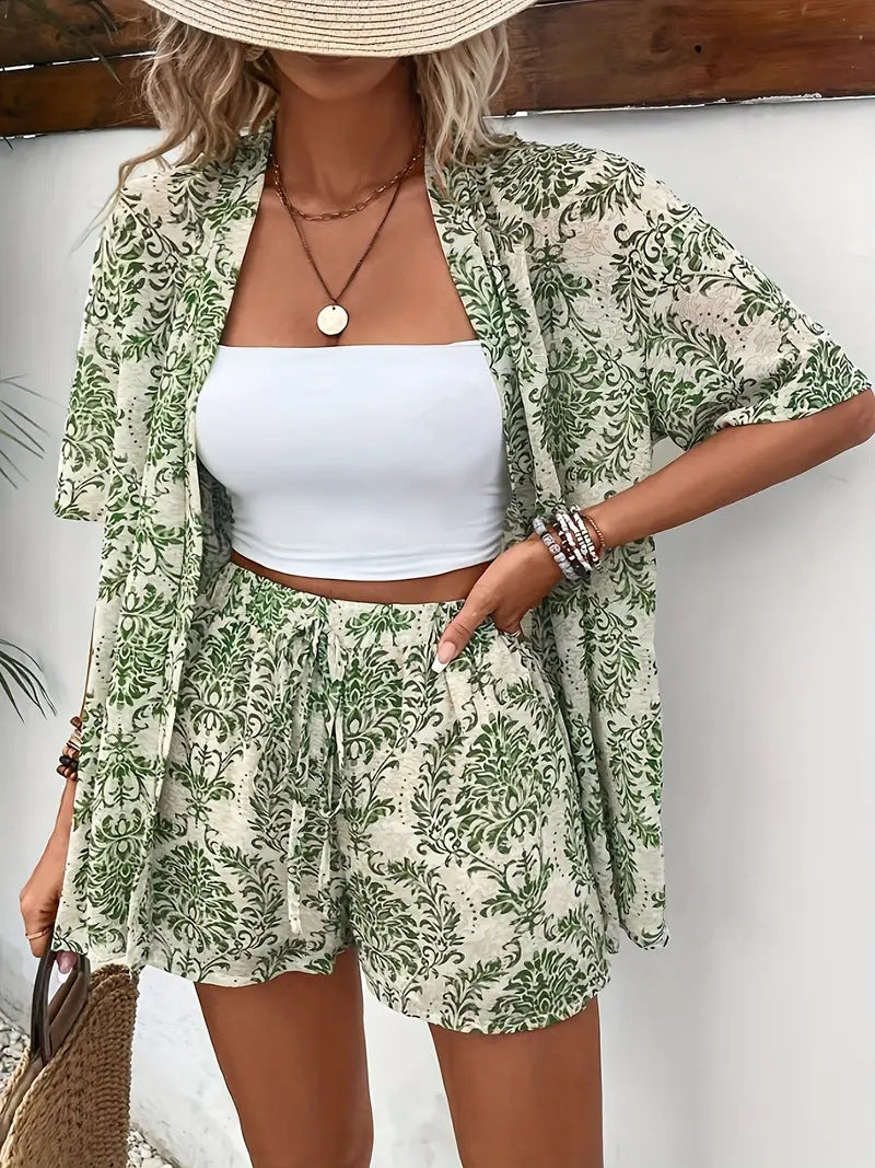 Emma | Women's Botanical Kimono Cardigan and Shorts Two Piece Set